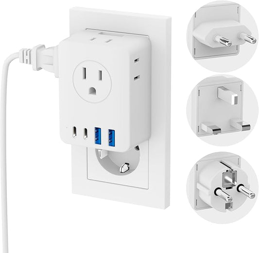 European Travel Plug Adapter, Detachable Adapter Type C/G/E/F Plug, 4 AC Outlets, 4 USB Ports (2 USB C), EU UK Germay France Greece Travel Plug Adapter