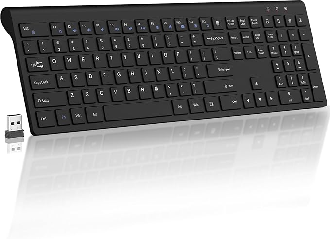 Wireless Keyboard, 2.4G USB Slim Silent Cordless Keyboard for Windows Chrome Laptop Computer PC Desktop Notebook Chromebook, 12 Multimedia Keys, Fn Lock, 110 Keys Full Size with Number Pad - Black ﻿