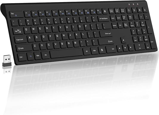 Wireless Keyboard, 2.4G USB Slim Silent Cordless Keyboard for Windows Chrome Laptop Computer PC Desktop Notebook Chromebook, 12 Multimedia Keys, Fn Lock, 110 Keys Full Size with Number Pad - Black ﻿