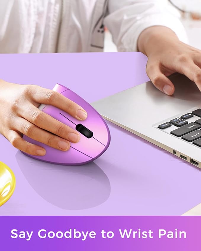 Lekvey Ergonomic Mouse, Wireless Vertical Mouse Rechargeable 2.4 GHz Optical Carpal Tunnel Mice : 800/1200 / 1600 DPI, 6 Buttons, for Laptop, PC, Computer, Desktop, Notebook etc, Purple