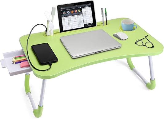 Slendor Lap Desk with Tablet Slot, Foldable Laptop Table with Storage Drawer for Bed，Portable Bed Desk for Laptop, Computer Tray with Cup Holder Notebook Stand Reading Holder for Couch Floor, Green