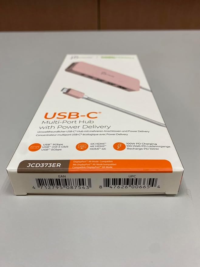 j5create USB-C Pink Multi-Port Hub with Power Delivery with 4K HDMI/2 USB-A 5Gbps/PD 100W Charging SD&Micro SD/3.5mm Audio | for MacBook/iPad Pro/iMac/Surface/XPS/Thinkpad/Galaxy/and More(JCD373ER)