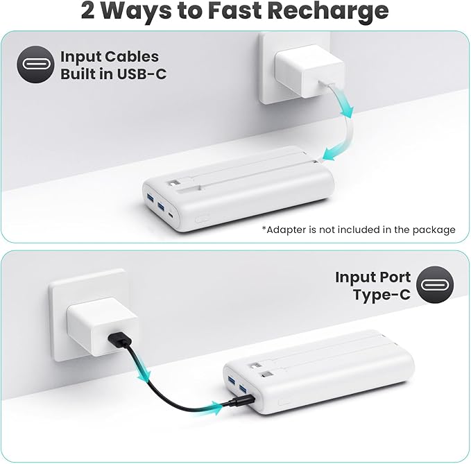 Portable Charger Power Bank 40,800mAh 25W Fast Charging USB C Portable Charger with 2 Built in Cables,5 Outputs & QC 4.0 Quick Phone Charging Battery Pack Compatible with iPhone 16/15/Android (White)