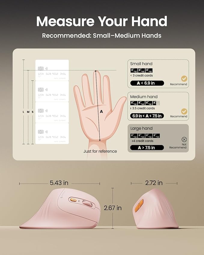 ProtoArc Ergonomic Vertical Mouse, EM11 NL Rechargeable Wireless Mouse Bluetooth, Ergo Mice with 3 Multi-Device for PC/Notebook/Laptop, 2.4GHz Optical Mice for Windows, Mac OS, Pink