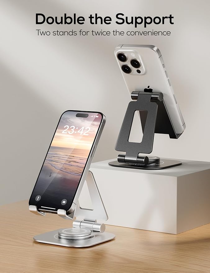 Nulaxy 2-Pack 360 Rotating Phone Stand, Fully Adjustable Foldable Phone Holder, Aluminum Desktop Cradle with Swivel Anti-Slip Base, Office Accessories Dock for All Phones, Black & Silver