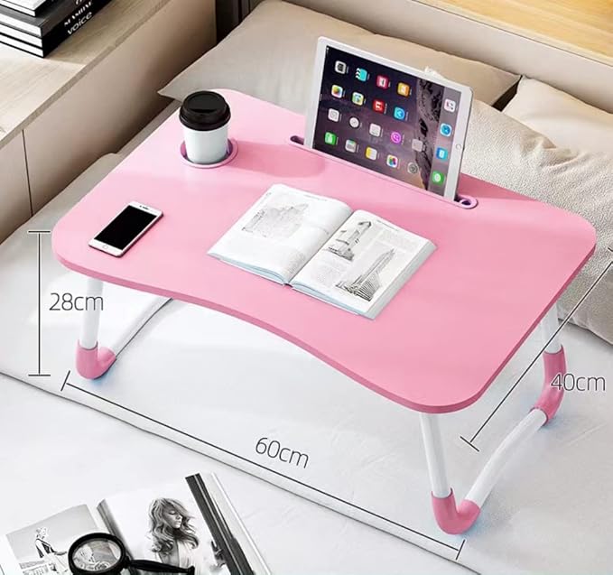 Laptop Bed Table, Foldable Laptop Desk Bed Tray with Storage Drawer, Lap Desk TV Tray for Breakfast Serving, Notebook Stand Reading Holder with Phone Slot and Cup Holder for Sofa Couch Floor-Pink