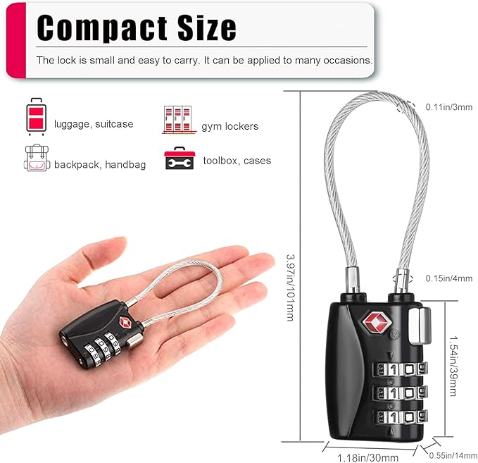 ZHEGE TSA Cable Luggage Lock Small Padlock for Suitcase, Baggage, Backpack, Pistol Case (2 Pack, Black)