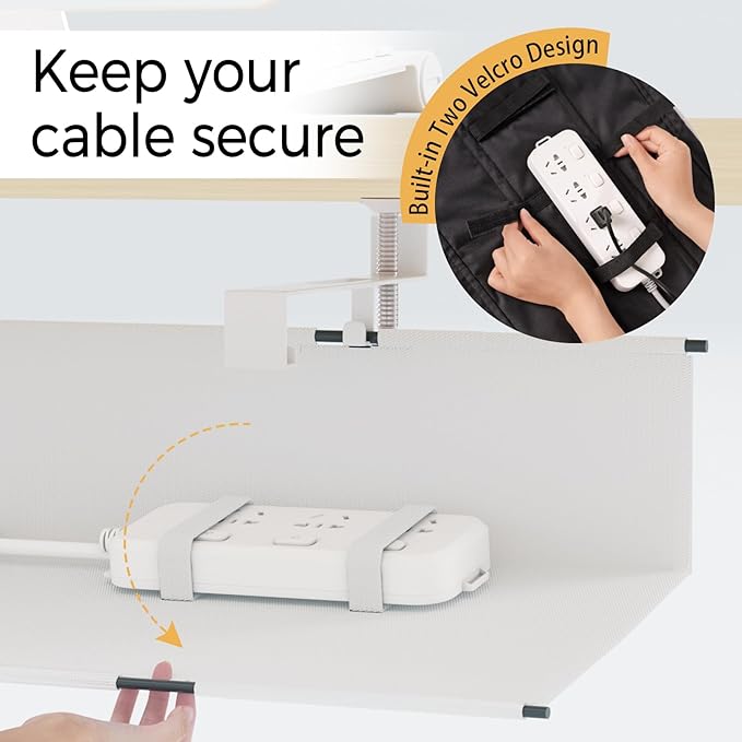 Under Desk Cable Management Tray 15.7" - No Drill Computer Wire Organizer Cable Tray, Fabric Cord Hider Clamp Mount, with 16X Cable Ties PC Cables Management Cord Holder for Office/Home (White)
