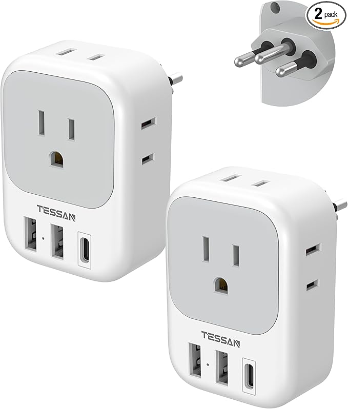TESSAN Brazil Plug Adapter 2 Pack, 7 in 1 US to Brazil Power Adapter with 3 USB Ports (1 USB-C Port) 4 American Outlets, Type N Travel Adaptor for USA to Brazilian