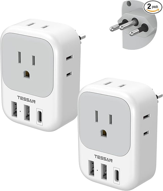 TESSAN Brazil Plug Adapter 2 Pack, 7 in 1 US to Brazil Power Adapter with 3 USB Ports (1 USB-C Port) 4 American Outlets, Type N Travel Adaptor for USA to Brazilian