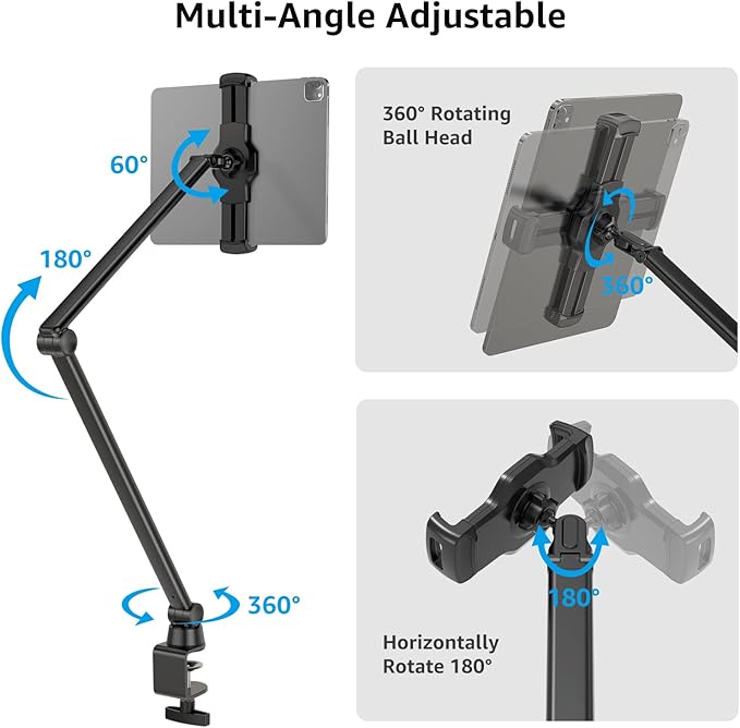 BEWISER Tablet Stand Holder Desk Mount,360°Rotating Flexibly, Angle Adjustable Long Arm, Folding Aluminium Alloy Compatible with4.7-13" Phone or Tablet in Kitchen/Office(Black)