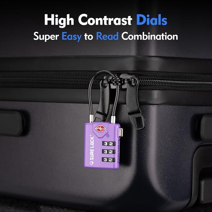 SURE LOCK TSA Compatible Travel Luggage Locks, Inspection Indicator, Easy Read Dials TSA Approved with Zinc Alloy (2, Purple 2 Pack)