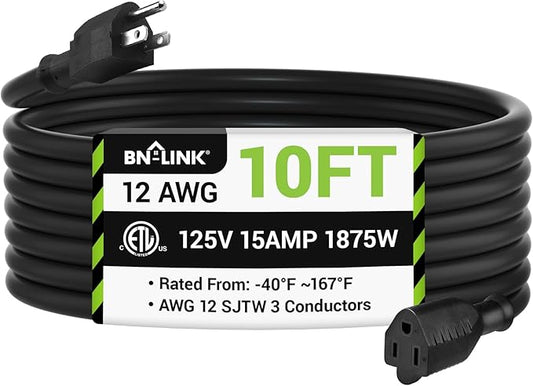 BN-LINK 10ft Outdoor Extension Cord, 12/3 SJTW Heavy Duty Power Cord, 3-Prong Grounded Plug, Weather Resistant, 15A, 1875W, Black, for Lawn, Garden, Appliances, ETL Listed
