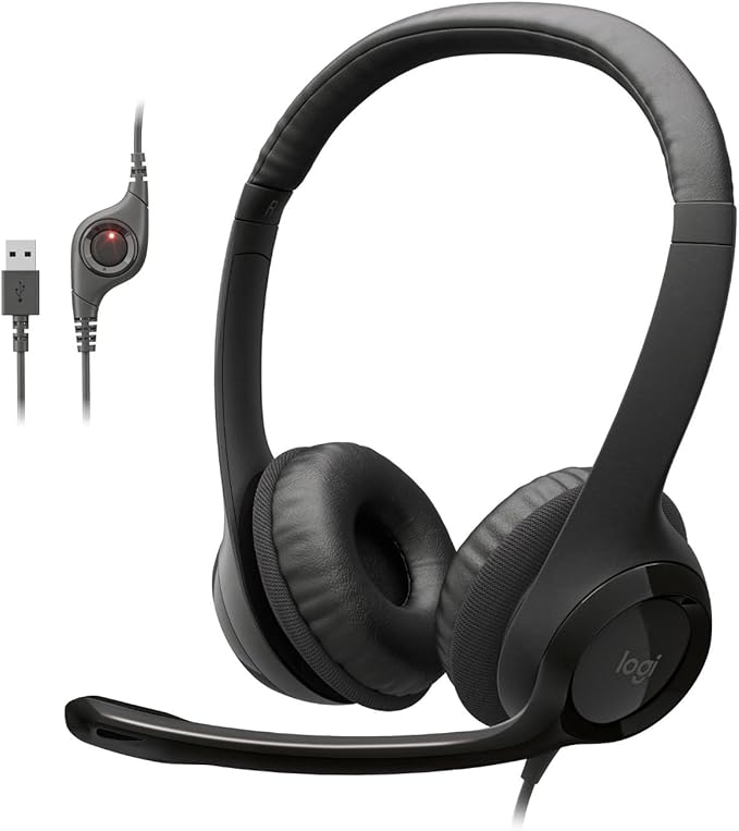 Logitech H390 Wired Headphones with Mic, USB-A Headset with Microphone for PC, Noise Cancelling Microphone for Video Meetings, Music, Gaming - Black