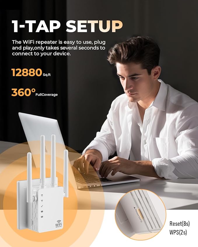 WiFi Extender with Ethernet Port, 1200Mbps Dual Band (5GHz/2.4GHz) WiFi Booster.Covers Up to 12880 Sq.ft,Supports 105 Devices, Easy Setup Signal Booster, EasyMesh Compatible, Four Directional Antennas