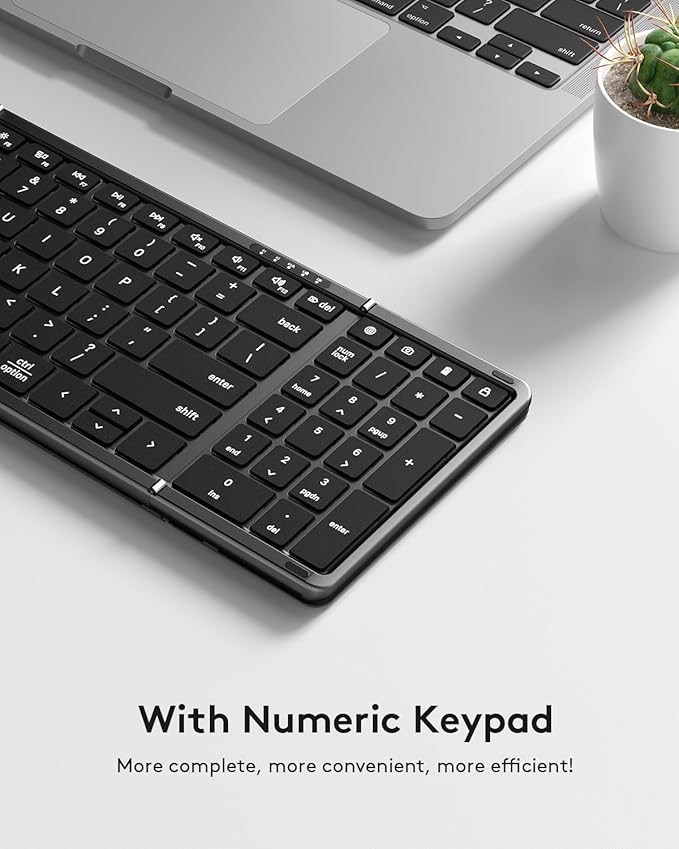 Samsers Foldable Bluetooth Keyboard with Numeric Keypad, Full-Size Wireless Folding PU Leather, Portable Travel for iOS Android Windows Mac OS, Support 3 Device(BT5.1 x 3)