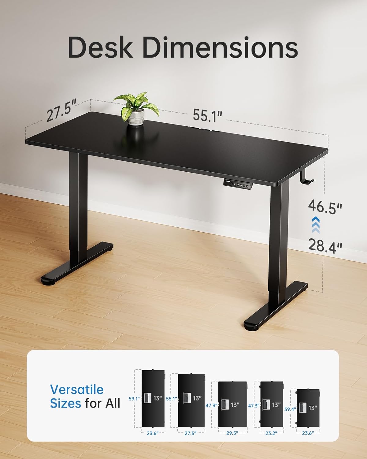 HUANUO Electric Standing Desk, 55" x 28" Whole Piece Desktop, Adjustable Height Computer Desks, 4 Height Memory Settings, Sit Stand Up Desk for Home Office, Black
