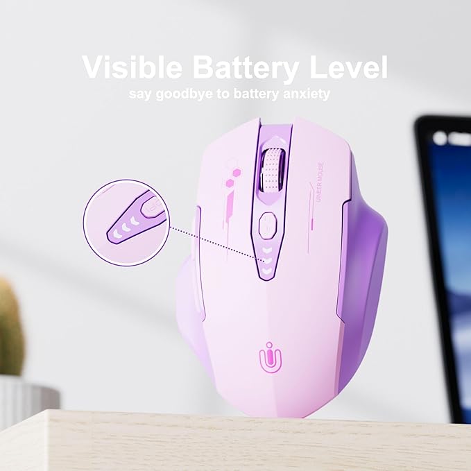 Wireless Bluetooth Mouse,[Upgraded] Rechargeable Computer Mice (BT 5.0/4.0+2.4G Hz) with Visible Battery Level, 4 Adiustable DPl, Portable PC Mouse for MacBook Chromebook,Purple