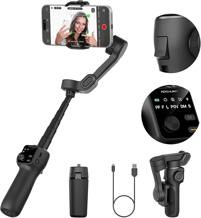 AOCHUAN 3-axis Gimbal Stabilizer w/Built-in 7.8' Extension Rod, Vlogging Phone Gimbal w/AI Tracking, Portable Smartphone Holder for iPhone w/Full-Screen OLED Display, Trigger Button Smart V8(Black)
