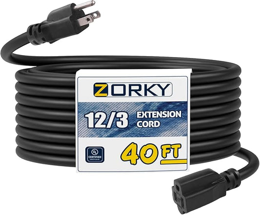 40ft Indoor Outdoor Extension Cord - 12/3 SJTW Heavy Duty Extension Cable with 3 Prong Grounded Plug for Safety -15Amp 1875W Black Electric Cord Great for Garden, Appliances