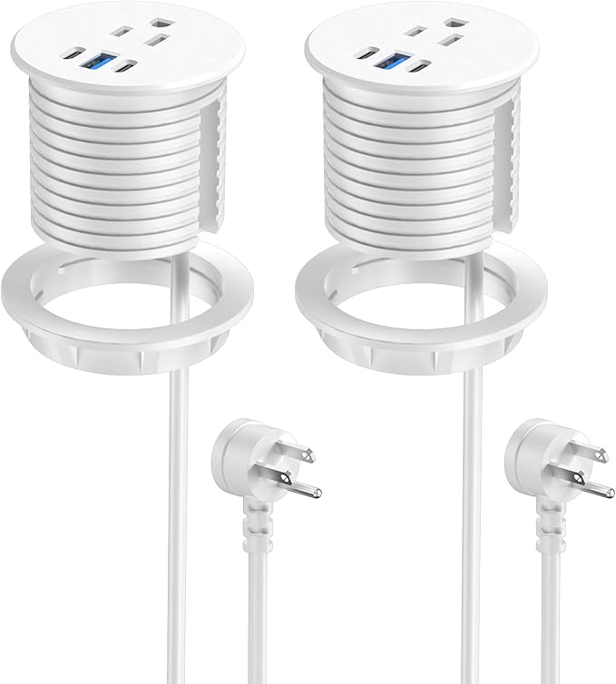 2.5 inch Power Grommet,20W USB-C Charging,1 Outlet with 2 USB C,1 USB Port,Furniture Flush Mount for Desktop,Recessed Power Strip,Workspace Essential Desk Outlet,2PCS (White, 2 PCS-6FT Cord)