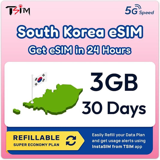 South Korea eSIM | 3GB Super Economy Refillable Plan! QR Code Sent via Email in 24Hrs - Scan & Use Immediately | Auto Activating 30 Day Validity | Hotspot Allowed | Data-Only No Phone Number
