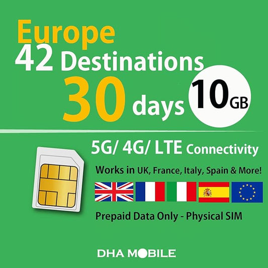 Europe Data Only SIM Card 5G/4G 10GB – 30 Days Prepaid | 42 Destinations EU Coverage (UK, France, Italy, Spain & More) | No Calls/Text | 3-in-1 | Plug‑&‑Play