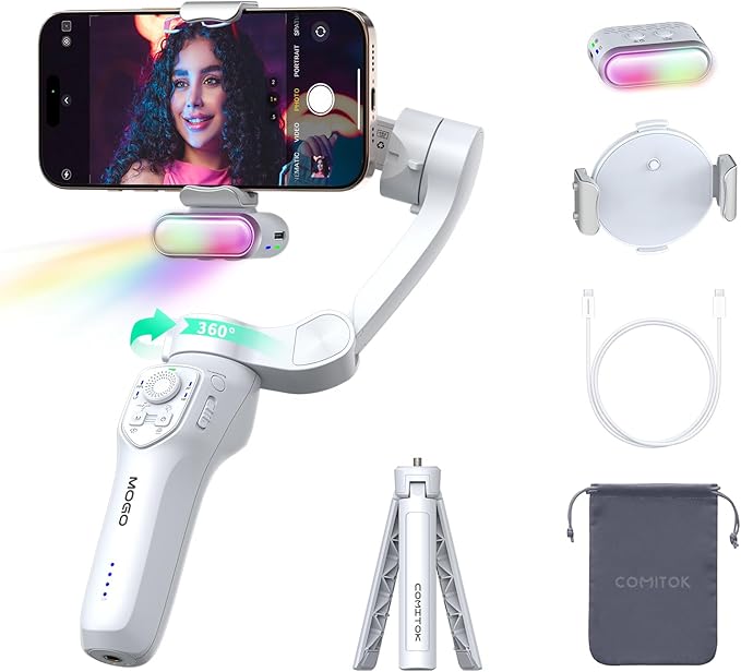 COMITOK Only for iPhone, MOGO [Apple MFi Certified] Gimbal Stabilizer for iPhone with Phone Clip & RGB Light, Support Selecting Tracking Target on Apple Watch & iOS26 Cameras for iPhone 16 15 Pro Max