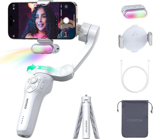 COMITOK Only for iPhone, MOGO [Apple MFi Certified] Gimbal Stabilizer for iPhone with Phone Clip & RGB Light, Support Selecting Tracking Target on Apple Watch & iOS26 Cameras for iPhone 16 15 Pro Max