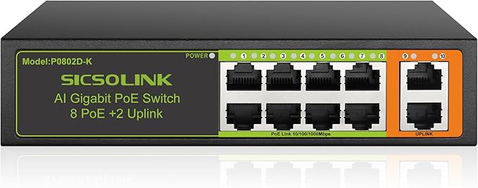 Gigabit 10-Port PoE+ Switch (8 PoE+ Ports, 2 Uplink), 802.3af/at, 120W Total Power, 1000Mbps, Unmanaged, Fanless, Metal Plug and Play, Suitable for IP Cameras, Networking Devices & Home Office.