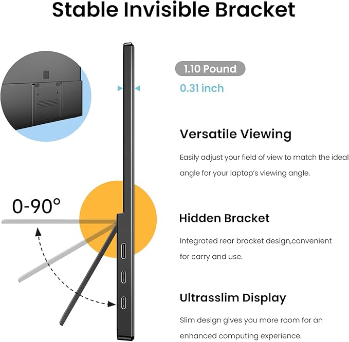 Yxk Portable Monitor 14 inch 2.2K QHD USB C HDMI Ultra-Slim IPS Travel Display & Speakers, HDR Plug&Play, External Monitor for Laptop PC, Phone,Mac