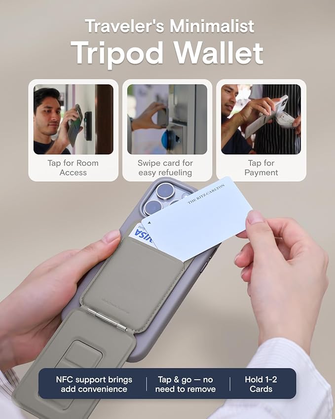 MOFT Phone Tripod Wallet for iPhone, Mulit-Angles, Lightweight & Portable Phone Stand, MOVAS Vegan Leather Magnetic Wallet, Strong Magnets, NFC Card Holder,Travel Essential, Taupe (with Card Slot)
