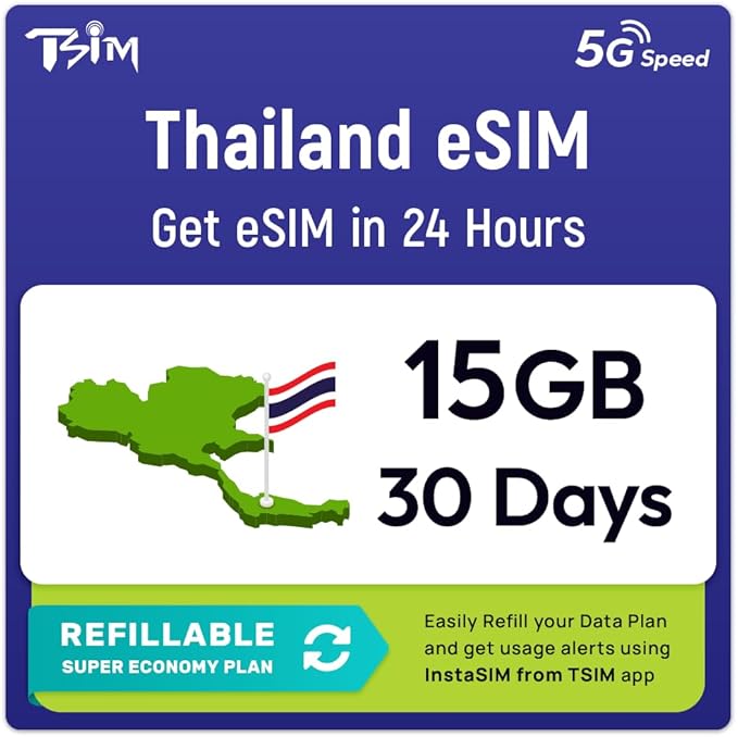 Thailand eSIM | 15GB Super Saver Refillable Plan! QR Code Sent via Email in 24Hrs - Scan & Use Immediately | Auto Activating 30 Day Validity | 5G Speed + Hotspot | Data-Only No Phone Number