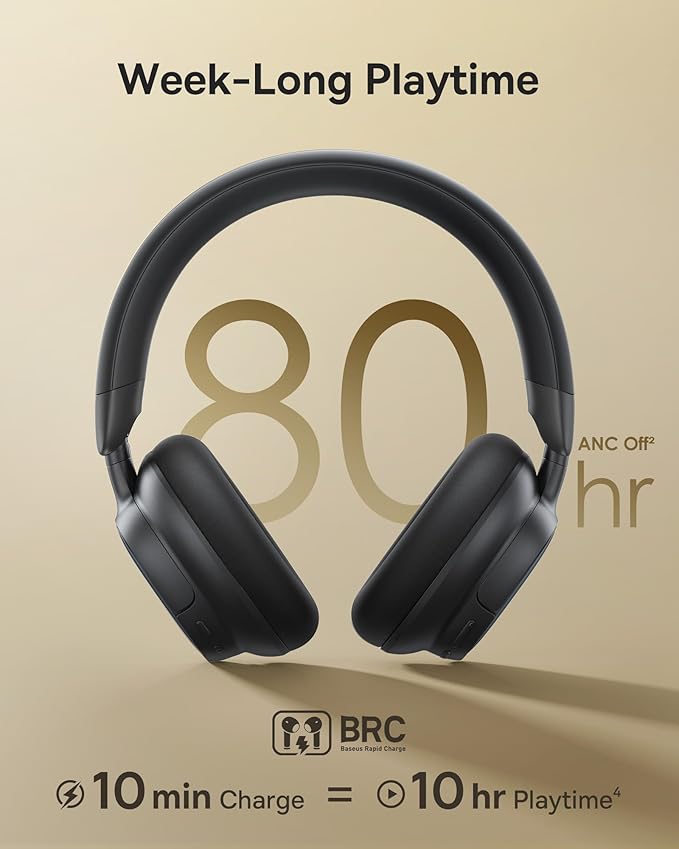 Baseus Bowie MH1 Adaptive Active Noise Cancelling Headphones, Real-Time Adaptive Hybrid ANC, SuperBass 2.0, LDAC Hi-Res Sound, 80H Playtime, Comfortable Fit, Clear Calls, Bluetooth 6.0 -Cosmic Black