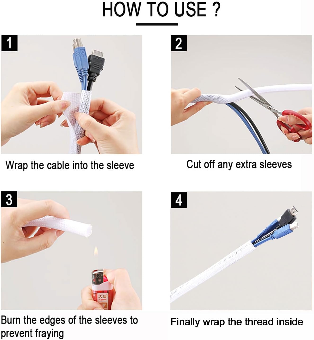 3/8"-50ft Braided Cable Sleeve Protector - Self-Wrapping Split Wire Loom for TV, Computer, Home Theater, Engine Bay - Heavy-Duty Cord Organizer, White