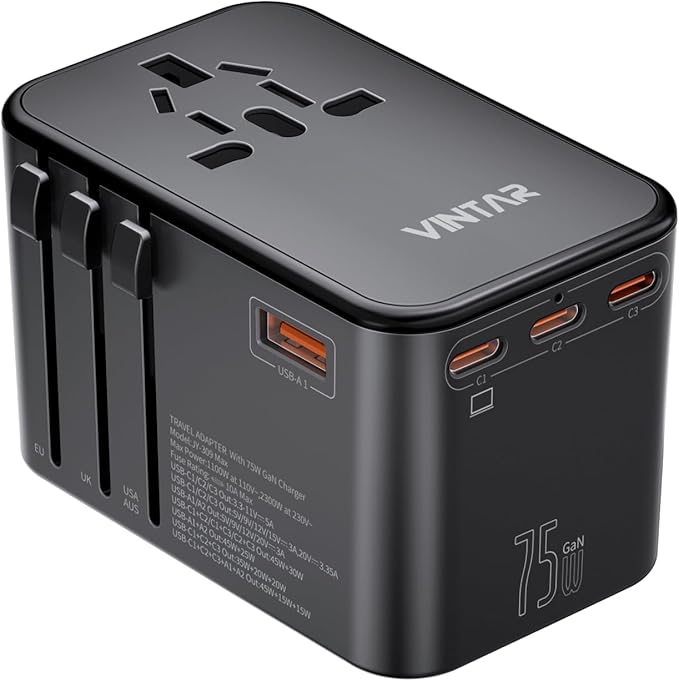 Universal Travel Adapter, VINTAR 75W GaN International Power Adapter with 3 USB C PD and 2 USB A QC, All in One Travel Essentials for UK/EU/USA/AUS, Travel Adapter Worldwide for Laptops Phones, Black