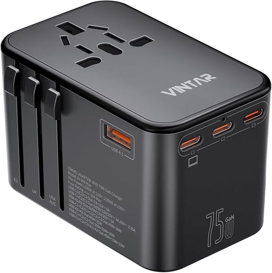 Universal Travel Adapter, VINTAR 75W GaN International Power Adapter with 3 USB C PD and 2 USB A QC, All in One Travel Essentials for UK/EU/USA/AUS, Travel Adapter Worldwide for Laptops Phones, Black