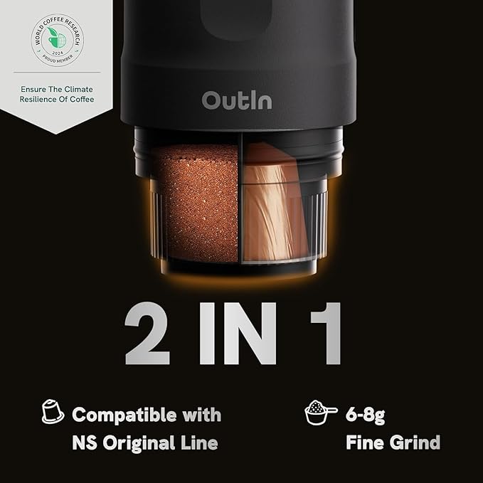 OutIn Nano Portable Electric Espresso Machine, Travel Coffee Maker for Camping, Car Coffee Maker Self-Heating with USB-C, With Ground Coffee & NS Capsule for RV, Hiking, Office
