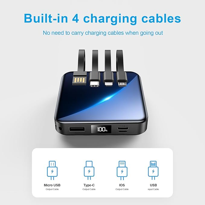 Portable Charger 12000mAh with Built-in Cables,22.5W Fast Charging Power Bank,USB C Input/Output,Smart LED Display,Compact External Battery for iPhone 15,Samsung Galaxy,iPad,Tablets