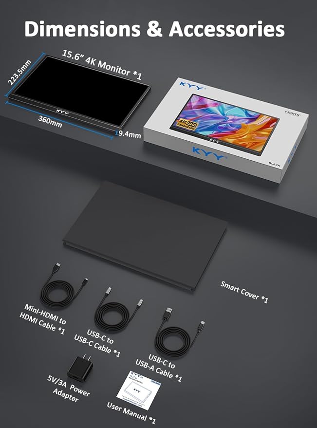 KYY 4K Portable Monitor 15.6" Portable Monitor for Laptop UHD IPS 3840X2160 External Screen with 100% sRGB & HDR Gaming Display for Laptop PS5/4 Xbox Switch with Speakers, VESA Compatible