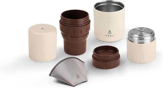 Nest Pour Over Coffee Kit | Coffee Maker for Camping | All-In-One Travel Pour Over | Transportable Dripper, Two 10oz Stainless Steel Travel Mugs | Compact Storage & Adventure Ready | Sahara