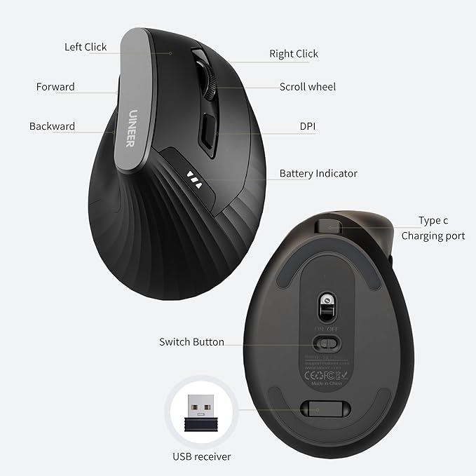 Uineer 2.4G Ergonomic Mouse - Wireless Vertical Computer Mouse with 4 Level Adjustable DPI,Ergonomic Design for S/M Hands, 2.4GHz Wireless Mice for Laptop (Battery Level Visible) ﻿