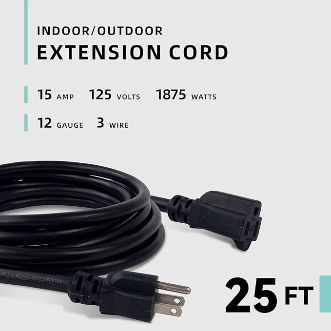 25ft Indoor Outdoor Extension Cord - 12/3 SJTW Heavy Duty Extension Cable with 3 Prong Grounded Plug for Safety -15Amp 1875W Black Electric Cord Great for Garden, Appliances