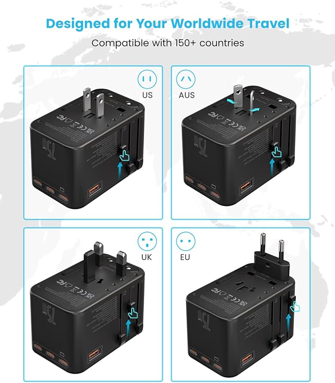 Universal Travel Adapter, VINTAR 75W GaN International Power Adapter with 3 USB C PD and 2 USB A QC, All in One Travel Essentials for UK/EU/USA/AUS, Travel Adapter Worldwide for Laptops Phones, Black