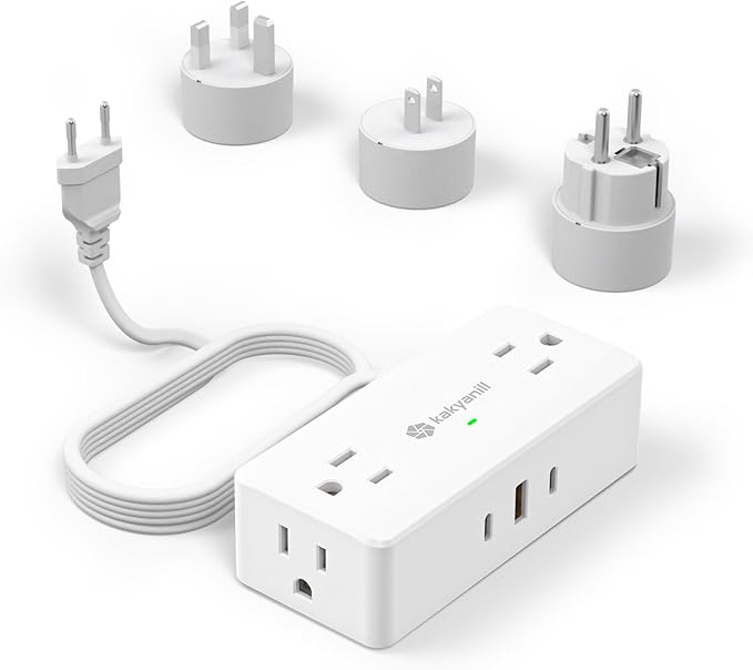 European Travel Plug Adapter, EU/UK/JP Plug Adapter, 4 AC Outlets, 3 USB Ports (2 USB C), 5ft Flat Extension Cord, Compact for Travel