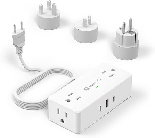 European Travel Plug Adapter, EU/UK/JP Plug Adapter, 4 AC Outlets, 3 USB Ports (2 USB C), 5ft Flat Extension Cord, Compact for Travel