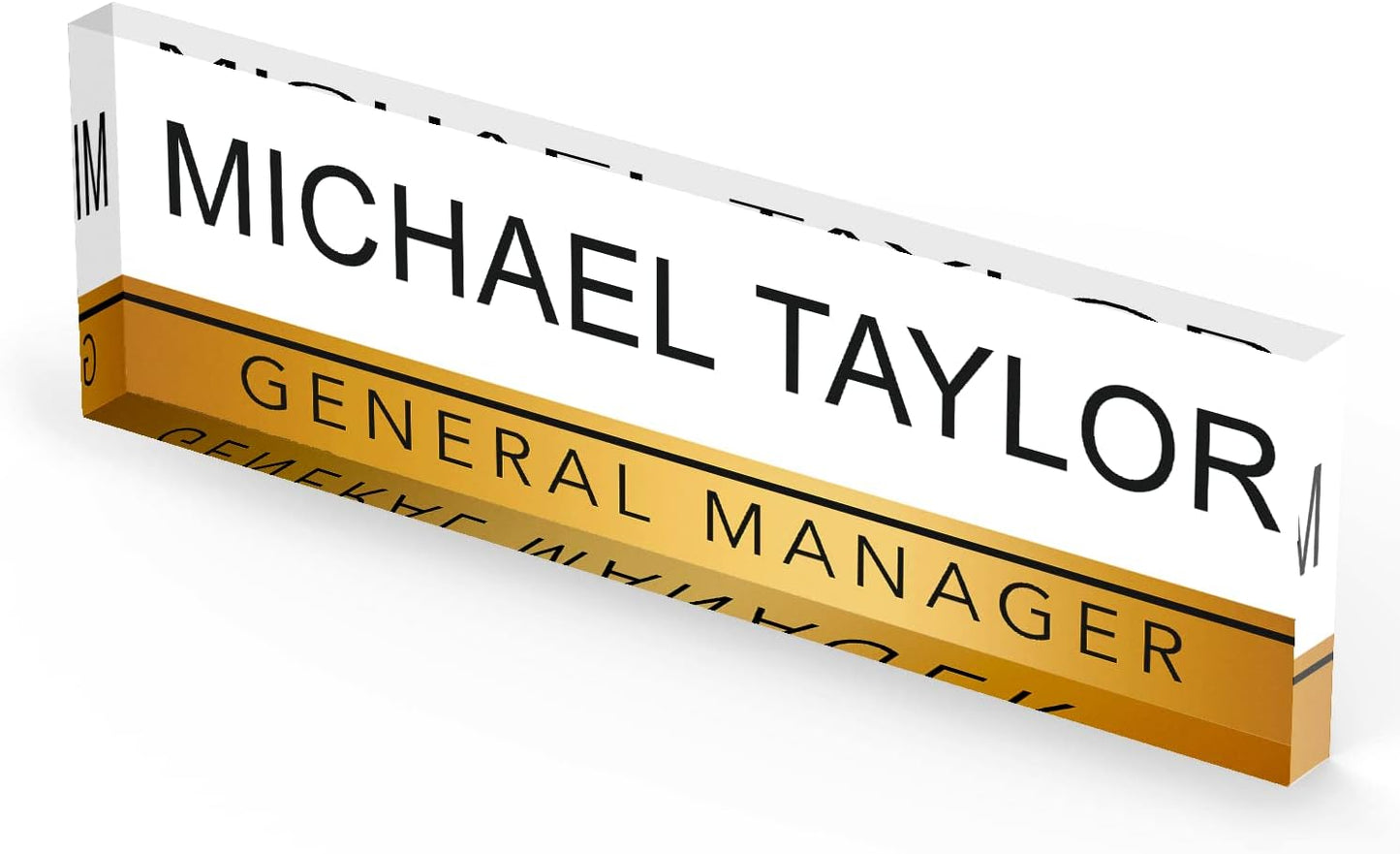 Artblox Personalized Office Desk Name Plate with Business Card Holder | Clear Acrylic Glass with Teak Wood Stand | Gold Stripe Design Customized with Your Name and Credentials Office Desk Décor