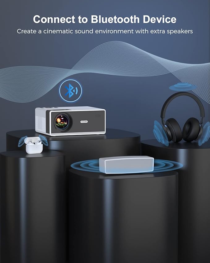 FUDONI Projector with WiFi and Bluetooth, Outdoor Portable 4K Support Projector HD 1080P Max 300" Display Zoom, Movie Video Home Theater Projector Compatible w/HDMI/USB/Phone/Laptop/TV Stick