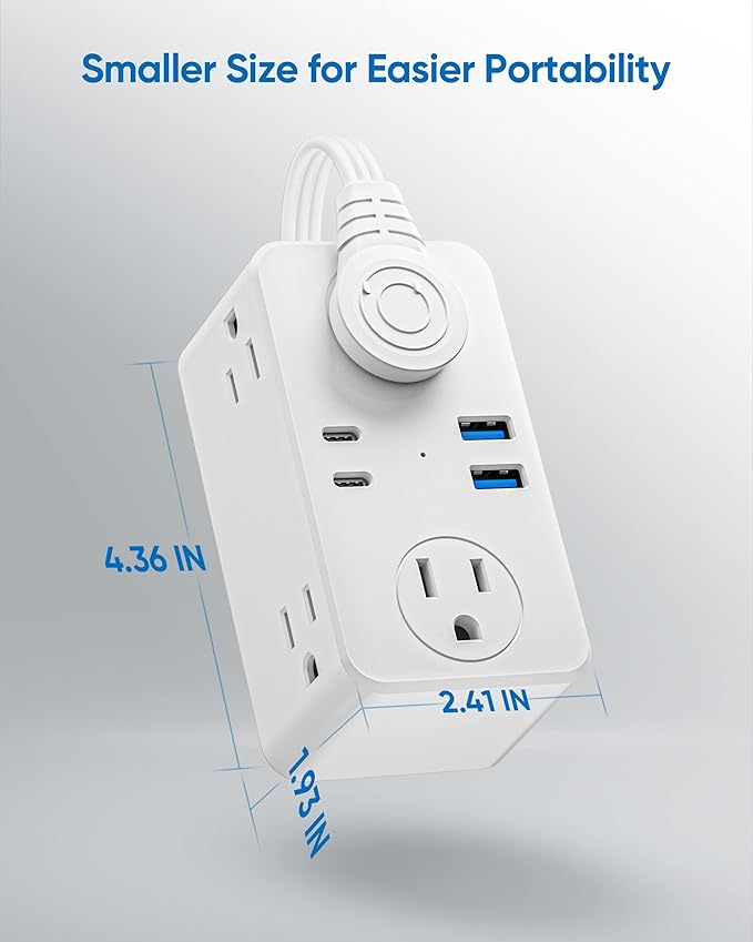 Travel Power Strip with USB Ports (3.0A), Ultra Flat Plug Power Strip, 6 AC Outlets, 4 USB Ports (2 USB C), 3ft Wrapped Around Extension Cord for Cruise Ship Travel Essentials