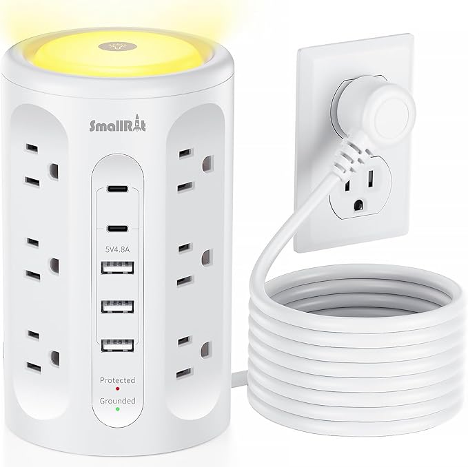 Surge Protector Power Strip Tower with 5 USB Ports and Night Light,10FT Extension Cord with 12 AC Multiple Outlets (White)
